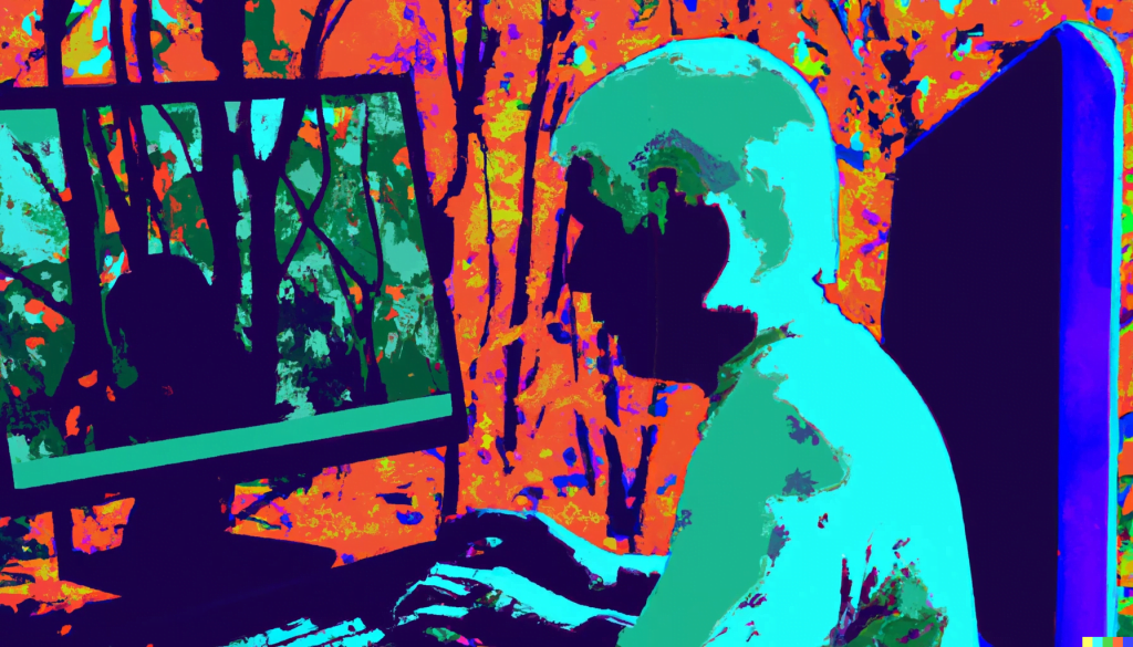 Andy Warhol style painting of a person typing on a computer screen surrounded by trees and leaves