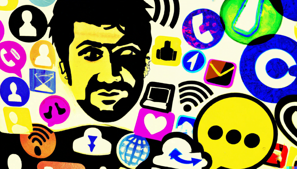 Andy Warhol style painting of a person surrounded by social media icons and figures